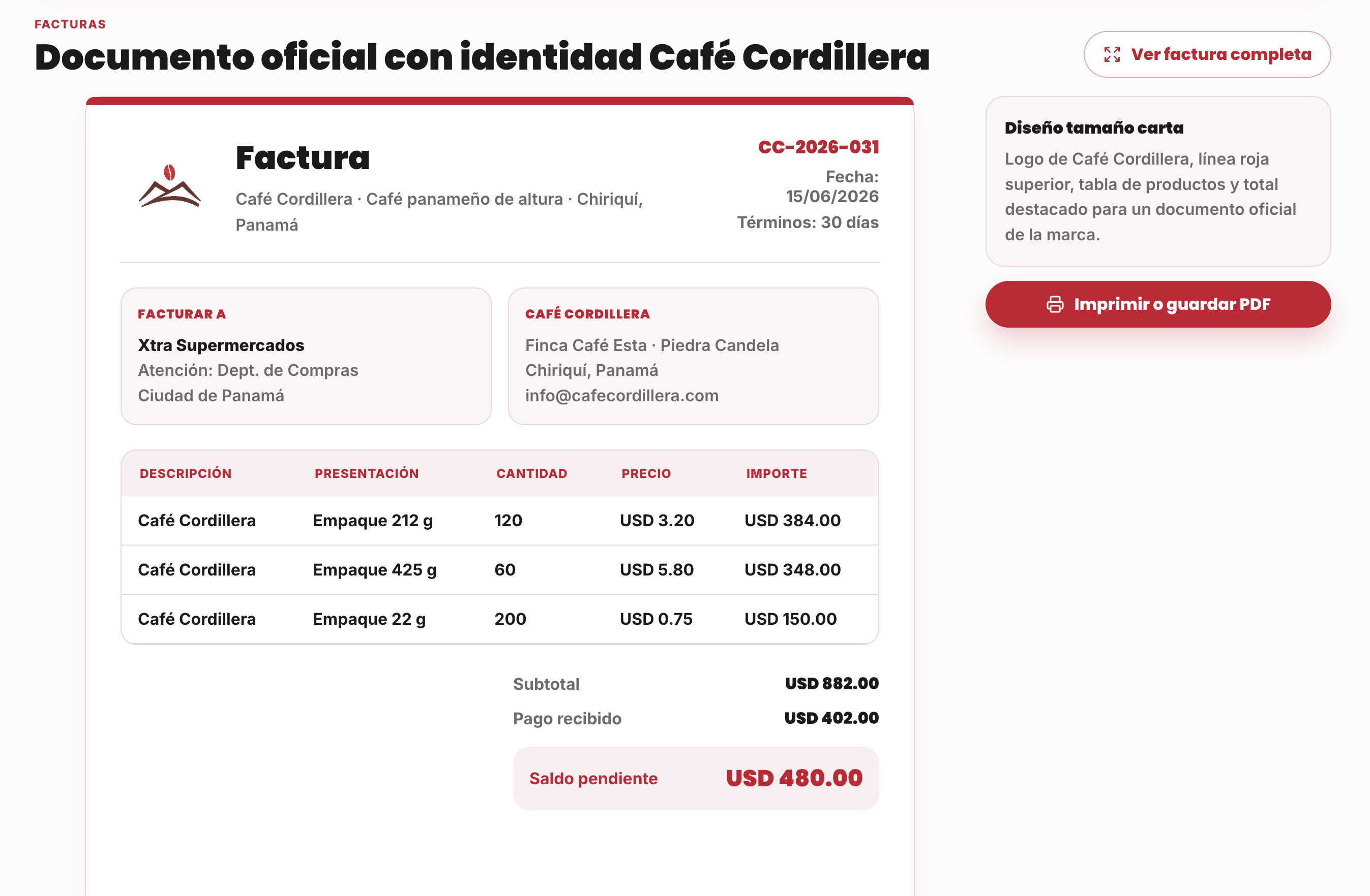 Vista de facturación y control de saldos pendientes